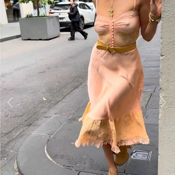 Silky Blush Peach Lace Slip Dress - Picture 3 of 9